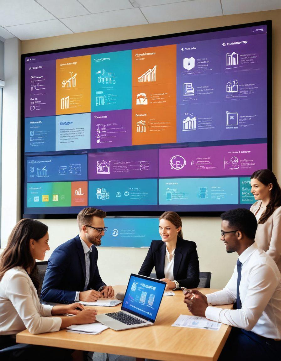 A dynamic scene showcasing diverse individuals collaborating in a modern bank setting, exchanging ideas and digital resources on financial management. Prominently feature a digital displays of budgeting apps and cooperative charts in the background. Include warm, inviting colors to convey a sense of community and support. Illustrate a blend of technology and personal interaction, emphasizing teamwork and empowerment. vector art. vibrant colors. 3D.