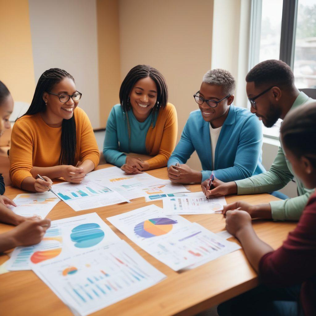A diverse group of people engaging in a community workshop at a credit union, discussing financial literacy and wealth-building strategies. Include visual elements such as charts, books, and interactive tools showing growth and financial health. The scene should convey a sense of collaboration and empowerment, with warm, inviting colors to enhance the atmosphere. Illustrate the vibrant community spirit around financial education. super-realistic. vibrant colors. soft focus.