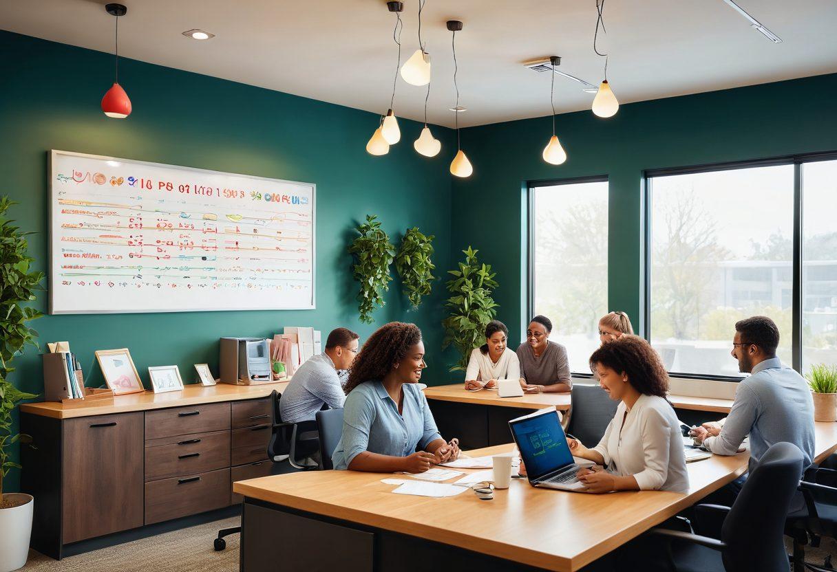 A visual representation of a warm, welcoming credit union office filled with happy, diverse people discussing finances. Include symbols of joy like bright light bulbs and hearts, alongside financial tools like calculators and charts. Showcase a serene, modern atmosphere with lush plants and community engagement. Super-realistic. Vibrant colors.